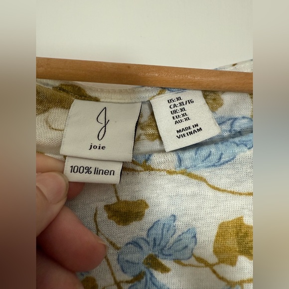 Joie 100% Linen Short Cap Sleeve Tee Blue Tan Floral on White Cropped Size XL - Picture 2 of 6